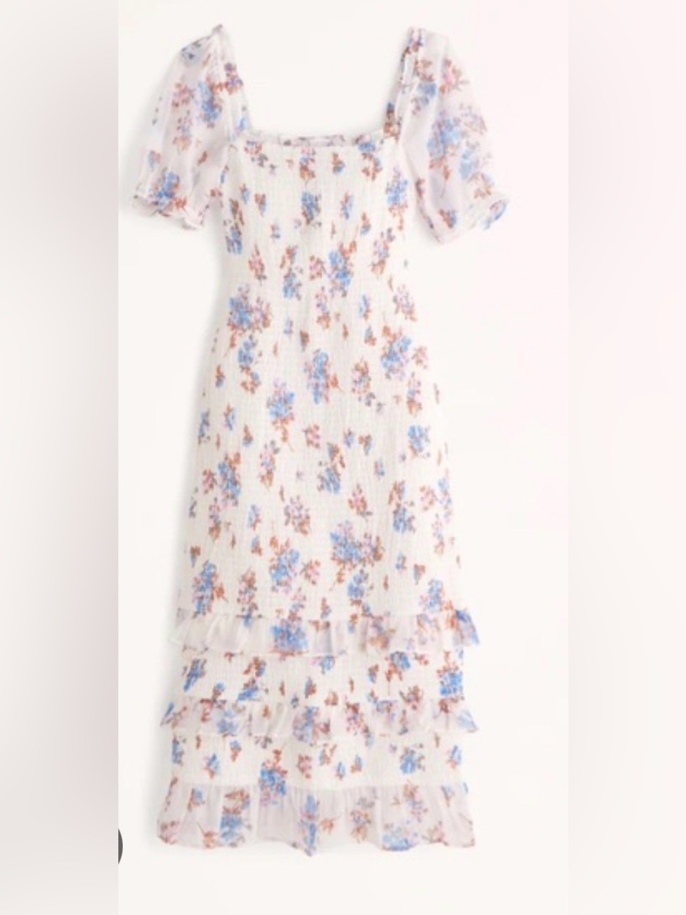 Abercrombie and Fitch Large Floral Smocked Puff-Sleeve Midi Dress - White/Blue
